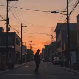 a man walking down the street in front of the sun