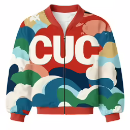a printed jacket with the word cuc on it