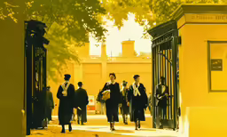 men in old time attire walking into a yellow building