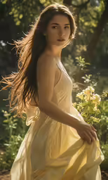 a woman in a yellow dress is holding a yellow flower
