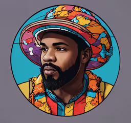 a drawing of a man with a multi - colored hat,a close up of a drawing of a man wearing a hat