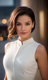 a close - up of a model with dark hair wearing white