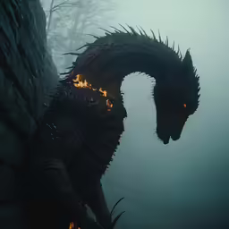 the monster is on the cliff looking like it was lit up with fire