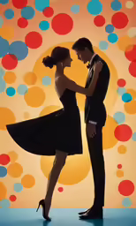 a man and a woman dancing in front of a colorful background