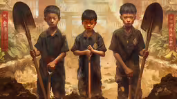 three children holding shovels and dirt near each other,three young boys in their asian avatar with shovels