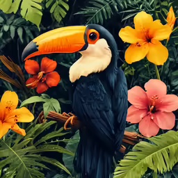 a toucan perched on a branch surrounded by tropical flowers