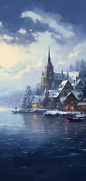 winter evening with boat in harbor, large church with steeple and snow covered roof,a snowy town with a lake and boat in the water