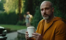 a bald man holding a cup of coffee while standing next to another man