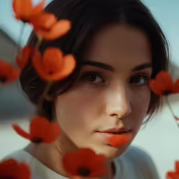 a woman looks towards the camera with red flowers on her head