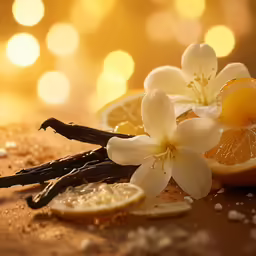 an orange next to a vanilla and a slice of orange