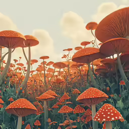 a field with many orange mushrooms in the sun