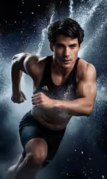 the young man is in a wet shirt and shorts