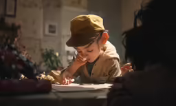 a child writing on top of a white paper
