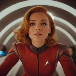 red - haired woman in a star trek outfit in a space station