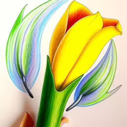 a hand holding up a drawing of a flower on white paper,drawing of yellow and green flowers,someone is painting some flowers with colored pencils,pencil drawing of a single flower and leaves,a hand holding pencils while drawing a flower