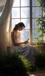a woman in a white dress checks her cellphone