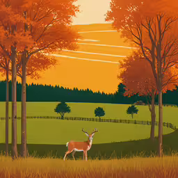 a painting of a deer is standing among the trees and grass,a painting of deer in a field with trees and sun
