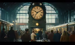 a group of people walking under a large clock