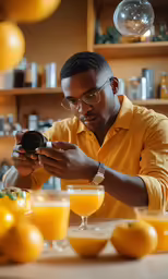 a man looking at his cell phone while sitting in front of glasses and oranges