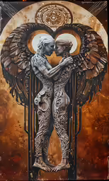 a painting of an angel holding onto a woman