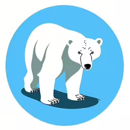 the large bear is standing alone against a blue circle,a polar bear standing on a ground in the middle of the circle,an illustrated bear is standing on a snowy ground,a bear walking across a blue circle,a polar bear standing in a circle on a snowboard