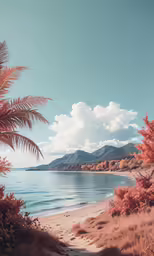 red leaves and trees stand next to a body of water