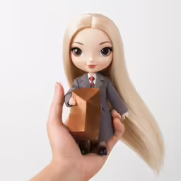 a doll holding a brown cube, with a long blond hair