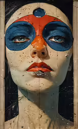 a woman with orange and blue painted on her face