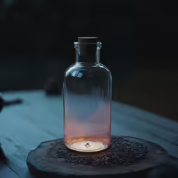 a glass bottle with a candle in it is sitting on a piece of wood