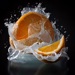 an orange is sliced in half and being dropped water