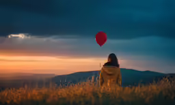 the back of a person standing on a field of tall grass with a red balloon in the sky