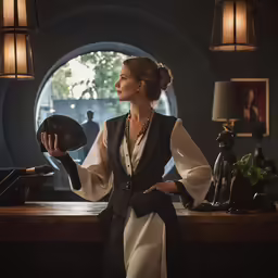 woman in formal dress holding a helmet at a bar