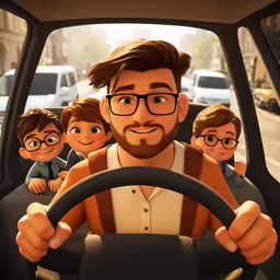 a family driving on the street with a car behind them