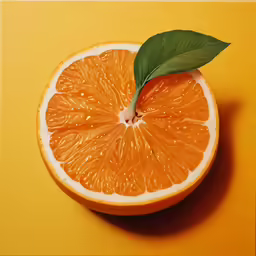 a citrus fruit cut in half with a green leaf