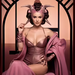 a woman is sitting on a bench wearing a purple dress and demon horns