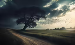 birds flying above a field near a tree
