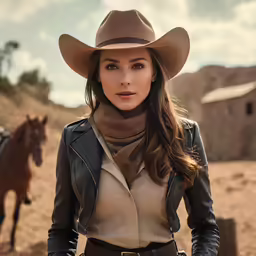 a woman wearing a cowboy hat and a scarf