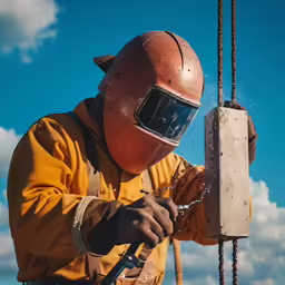 a man with a welding helmet and a chain hoist