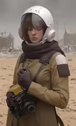 a woman in her military uniform holding a camera