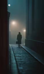 a person is walking away from the lights at night