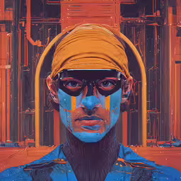 a man with a yellow cap and face paint,a painting of a man with an orange and blue head scarf