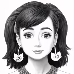 a black and white drawing of a girl with large earrings