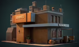 an animation of a house in front of a restaurant