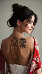 woman with tattoo on back sitting in white dress