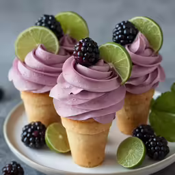 three cupcakes with purple frosting and blackberries on top