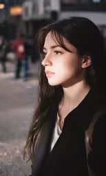 a woman on the street looking off to the side