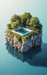 there is a island with an pool surrounded by trees