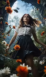 a woman is standing amongst flowers and trees