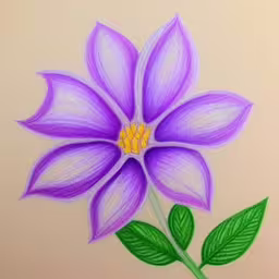 a pink and blue flower with green leaves on it,a purple flower with green leaves on a light colored surface,drawing a flower with colored pencils with a white background,a drawing of a purple flower with green leaves on it,the purple flower is painted on the beige paper