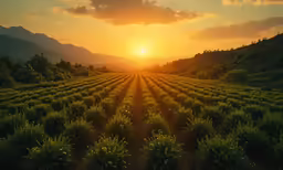 the sun is rising over a field full of plants